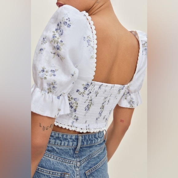 Reformation Simmie Floral Puff Sleeve Linen Crop Top Floral Puff Sleeve Crop Top - Picture 3 of 7